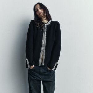 NWT Zara 100% Wool Elegant Black Jacket with Silver Accents